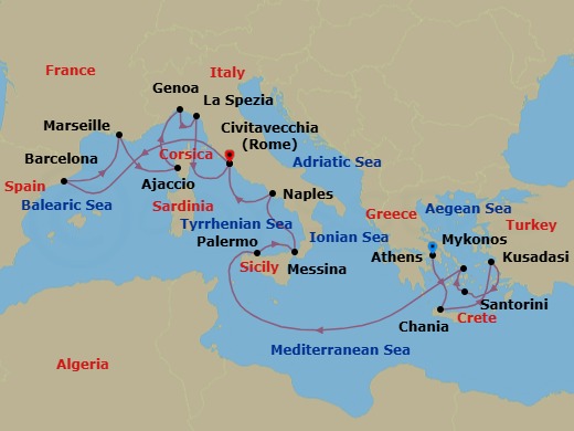 18 Night - The Best of the Mediterranean - Sun Princess - Starting in Athens (Piraeus), Greece, Crete (Chania), Greece, Kusadasi, Turkey (for Ephesus), Santorini, Greece, Mykonos, Greece, Sicily (Palermo), Italy, Sicily (Messina), Italy, Stromboli Volcano (Scenic Cruising), Italy, Naples, Italy (for Capri and Pompeii), Civitavecchia (for Rome), Italy, Barcelona, Spain, Marseille (Provence), France, Corsica (Ajaccio), France, Genoa (for Cinque Terre), Italy, La Spezia (for Florence / Pisa), Italy, Civitavecchia (for Rome), Italy itinerary map