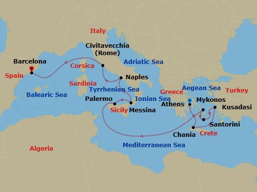 11 Night - Mediterranean with Greek Isles & Italy - Sun Princess - Starting in Athens (Piraeus), Greece, Crete (Chania), Greece, Kusadasi, Turkey (for Ephesus), Santorini, Greece, Mykonos, Greece, Sicily (Palermo), Italy, Sicily (Messina), Italy, Stromboli Volcano (Scenic Cruising), Italy, Naples, Italy (for Capri and Pompeii), Civitavecchia (for Rome), Italy, Barcelona, Spain itinerary map