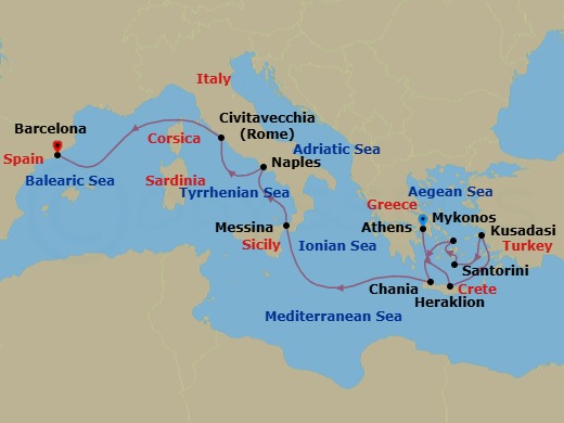 11 Night - Mediterranean with Greek Isles - Sun Princess - Starting in Athens (Piraeus), Greece, Crete (Heraklion), Greece, Kusadasi, Turkey (for Ephesus), Santorini, Greece, Mykonos, Greece, Crete (Chania), Greece, Sicily (Messina), Italy, Stromboli Volcano (Scenic Cruising), Italy, Naples, Italy (for Capri and Pompeii), Civitavecchia (for Rome), Italy, Barcelona, Spain itinerary map