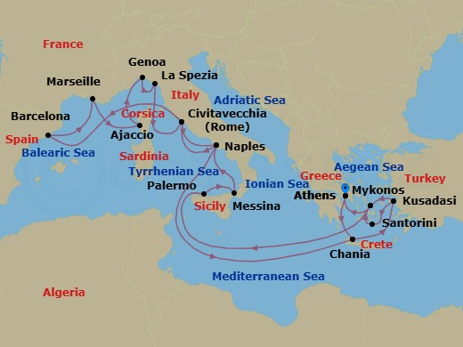 25 Night - The Best of the Mediterranean - Sun Princess - Starting in Athens (Piraeus), Greece, Crete (Chania), Greece, Kusadasi, Turkey (for Ephesus), Santorini, Greece, Mykonos, Greece, Sicily (Palermo), Italy, Sicily (Messina), Italy, Stromboli Volcano (Scenic Cruising), Italy, Naples, Italy (for Capri and Pompeii), Civitavecchia (for Rome), Italy, Barcelona, Spain, Marseille (Provence), France, Corsica (Ajaccio), France, Genoa (for Cinque Terre), Italy, La Spezia (for Florence / Pisa), Italy, Civitavecchia (for Rome), Italy, Naples, Italy (for Capri and Pompeii), Crete (Chania), Greece, Kusadasi, Turkey (for Ephesus), Mykonos, Greece, Athens (Piraeus), Greece itinerary map