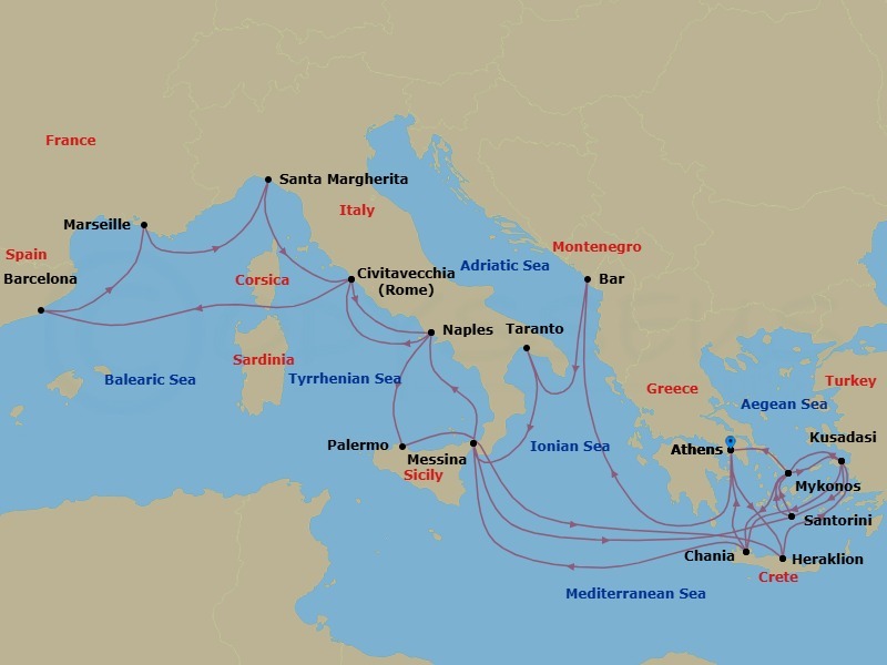 31 Night - The Best of the Mediterranean - Sun Princess - Starting in Athens (Piraeus), Greece, Crete (Heraklion), Greece, Kusadasi, Turkey (for Ephesus), Santorini, Greece, Mykonos, Greece, Crete (Chania), Greece, Sicily (Messina), Italy, Stromboli Volcano (Scenic Cruising), Italy, Naples, Italy (for Capri and Pompeii), Civitavecchia (for Rome), Italy, Barcelona, Spain, Marseille (Provence), France, Santa Margherita, Italy, Civitavecchia (for Rome), Italy, Naples, Italy (for Capri and Pompeii), Sicily (Palermo), Italy, Crete (Heraklion), Greece, Kusadasi, Turkey (for Ephesus), Mykonos, Greece, Athens (Piraeus), Greece, Montenegro, Taranto, Italy, Sicily (Messina), Italy, Santorini, Greece, Mykonos, Greece, Kusadasi, Turkey (for Ephesus), Crete (Chania), Greece, Athens (Piraeus), Greece itinerary map