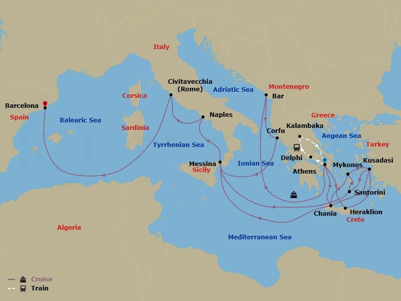 25 Night - Best of Greece - Tour 5F - Sun Princess Tours - Starting in Athens (Piraeus), Greece, Delphi, Greece, Kalambaka, Greece, Athens (Piraeus), Greece, Montenegro, Corfu, Greece, Sicily (Messina), Italy, Santorini, Greece, Mykonos, Greece, Kusadasi, Turkey (for Ephesus), Crete (Chania), Greece, Athens (Piraeus), Greece, Crete (Heraklion), Greece, Kusadasi, Turkey (for Ephesus), Santorini, Greece, Mykonos, Greece, Crete (Chania), Greece, Sicily (Messina), Italy, Stromboli Volcano (Scenic Cruising), Italy, Naples, Italy (for Capri and Pompeii), Civitavecchia (for Rome), Italy, Barcelona, Spain itinerary map
