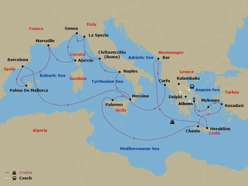 25 Night - Best of Greece - Tour 5C - Sun Princess Tours - Starting in Athens (Piraeus), Greece, Delphi, Greece, Kalambaka, Greece, Athens (Piraeus), Greece, Crete (Heraklion), Greece, Montenegro, Corfu, Greece, Sicily (Messina), Italy, Barcelona, Spain, Mallorca (Palma), Spain, Marseille (Provence), France, Corsica (Ajaccio), France, Genoa (for Cinque Terre), Italy, La Spezia (for Florence / Pisa), Italy, Civitavecchia (for Rome), Italy, Naples, Italy (for Capri and Pompeii), Sicily (Messina), Italy, Stromboli Volcano (Scenic Cruising), Italy, Sicily (Palermo), Italy, Crete (Chania), Greece, Kusadasi, Turkey (for Ephesus), Mykonos, Greece, Athens (Piraeus), Greece itinerary map