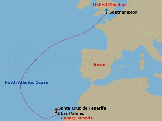 5 Night - Canary Islands and Madeira - MSC Euribia - Starting in Southampton (London), United Kingdom, Las Palmas de Gran Canaria (Canary Islands), Spain, Santa Cruz de Tenerife itinerary map