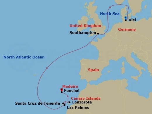 10 Night - Canary Islands and Madeira - MSC Euribia - Starting in Kiel, Germany, Southampton (London), United Kingdom, Las Palmas de Gran Canaria (Canary Islands), Spain, Santa Cruz de Tenerife, Arrecife De Lanzarote (Canary Islands), Spain, Funchal (Madeira Islands), Portugal itinerary map