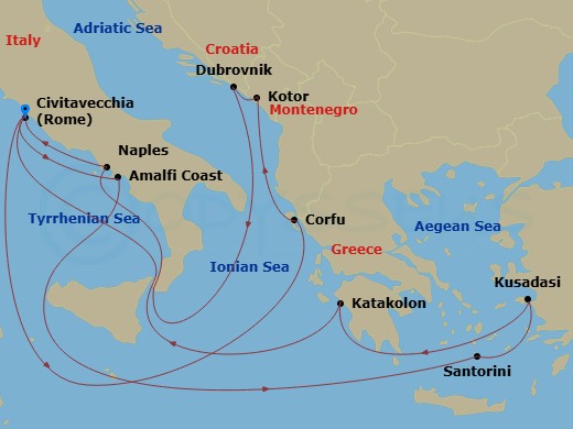 14 Night - Mediterranean, Aegean & Adriatic - Enchanted Princess - Starting in Civitavecchia (for Rome), Italy, Amalfi Coast (Salerno), Santorini, Greece, Kusadasi, Turkey (for Ephesus), Katakolon (for Olympia), Greece, Civitavecchia (for Rome), Italy, Corfu, Greece, Kotor, Montenegro, Dubrovnik, Croatia, Stromboli Volcano (Scenic Cruising), Italy, Naples, Italy (for Capri and Pompeii), Civitavecchia (for Rome), Italy itinerary map