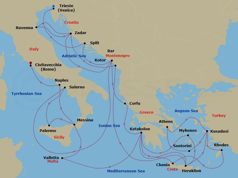 32 Night - The Best of the Mediterranean - Enchanted Princess - Starting in Trieste (for Venice), Italy, Split, Croatia, Kotor, Montenegro, Corfu, Greece, Katakolon (for Olympia), Greece, Mykonos, Greece, Crete (Heraklion), Greece, Kusadasi, Turkey (for Ephesus), Santorini, Greece, Athens (Piraeus), Greece, Kusadasi, Turkey (for Ephesus), Rhodes, Greece, Crete (Chania), Greece, Katakolon (for Olympia), Greece, Valletta, Malta, Sicily (Messina), Italy, Stromboli Volcano (Scenic Cruising), Italy, Amalfi Coast (Salerno), Kotor, Montenegro, Zadar, Croatia, Ravenna, Italy, Zadar, Croatia, Montenegro, Crete (Heraklion), Greece, Katakolon (for Olympia), Greece, Valletta, Malta, Sicily (Messina), Italy, Stromboli Volcano (Scenic Cruising), Italy, Sicily (Palermo), Italy, Naples, Italy (for Capri and Pompeii), Civitavecchia (for Rome), Italy itinerary map