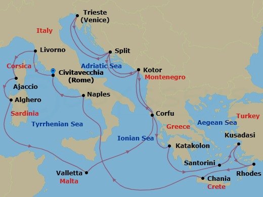 21 Night - The Best of the Mediterranean - Enchanted Princess - Starting in Civitavecchia (for Rome), Italy, Livorno (for Florence / Pisa), Italy, Corsica (Ajaccio), France, Sardinia (Alghero), Italy, Valletta, Malta, Corfu, Greece, Kotor, Montenegro, Split, Croatia, Trieste (for Venice), Italy, Split, Croatia, Kotor, Montenegro, Corfu, Greece, Katakolon (for Olympia), Greece, Santorini, Greece, Kusadasi, Turkey (for Ephesus), Rhodes, Greece, Crete (Chania), Greece, Stromboli Volcano (Scenic Cruising), Italy, Naples, Italy (for Capri and Pompeii), Civitavecchia (for Rome), Italy itinerary map