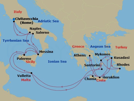 21 Night - The Best of the Mediterranean - Enchanted Princess - Starting in Civitavecchia (for Rome), Italy, Amalfi Coast (Salerno), Sicily (Messina), Italy, Stromboli Volcano (Scenic Cruising), Italy, Sicily (Palermo), Italy, Valletta, Malta, Santorini, Greece, Mykonos, Greece, Kusadasi, Turkey (for Ephesus), Crete (Heraklion), Greece, Athens (Piraeus), Greece, Crete (Heraklion), Greece, Kusadasi, Turkey (for Ephesus), Rhodes, Greece, Mykonos, Greece, Crete (Chania), Greece, Valletta, Malta, Sicily (Palermo), Italy, Sicily (Messina), Italy, Naples, Italy (for Capri and Pompeii), Civitavecchia (for Rome), Italy itinerary map