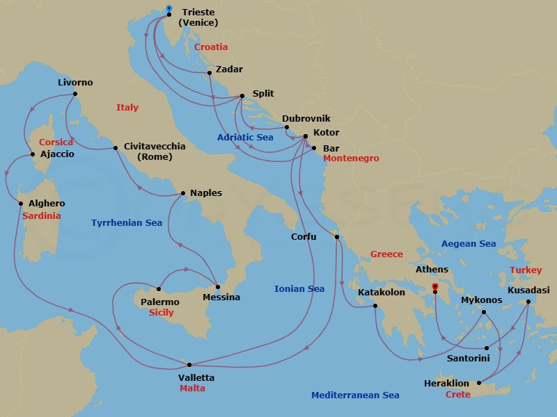 30 Night - The Best of the Mediterranean - Enchanted Princess - Starting in Trieste (for Venice), Italy, Zadar, Croatia, Montenegro, Kotor, Montenegro, Corfu, Greece, Valletta, Malta, Sicily (Palermo), Italy, Sicily (Messina), Italy, Stromboli Volcano (Scenic Cruising), Italy, Naples, Italy (for Capri and Pompeii), Civitavecchia (for Rome), Italy, Livorno (for Florence / Pisa), Italy, Corsica (Ajaccio), France, Sardinia (Alghero), Italy, Valletta, Malta, Kotor, Montenegro, Dubrovnik, Croatia, Split, Croatia, Trieste (for Venice), Italy, Split, Croatia, Kotor, Montenegro, Corfu, Greece, Katakolon (for Olympia), Greece, Mykonos, Greece, Crete (Heraklion), Greece, Kusadasi, Turkey (for Ephesus), Santorini, Greece, Athens (Piraeus), Greece itinerary map