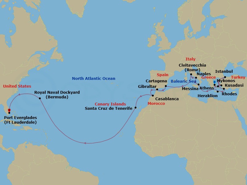 26 Night - Mediterranean, Aegean & Moroccan Grand Adventure - Enchanted Princess - Starting in Athens (Piraeus), Greece, Mykonos, Greece, Kusadasi, Turkey (for Ephesus), Istanbul, Turkey, Rhodes, Greece, Crete (Heraklion), Greece, Sicily (Messina), Italy, Stromboli Volcano (Scenic Cruising), Italy, Naples, Italy (for Capri and Pompeii), Civitavecchia (for Rome), Italy, Cartagena ES, Gibraltar, Casablanca, Morocco (for Marrakesh), Santa Cruz de Tenerife, Bermuda, Fort Lauderdale, Florida itinerary map
