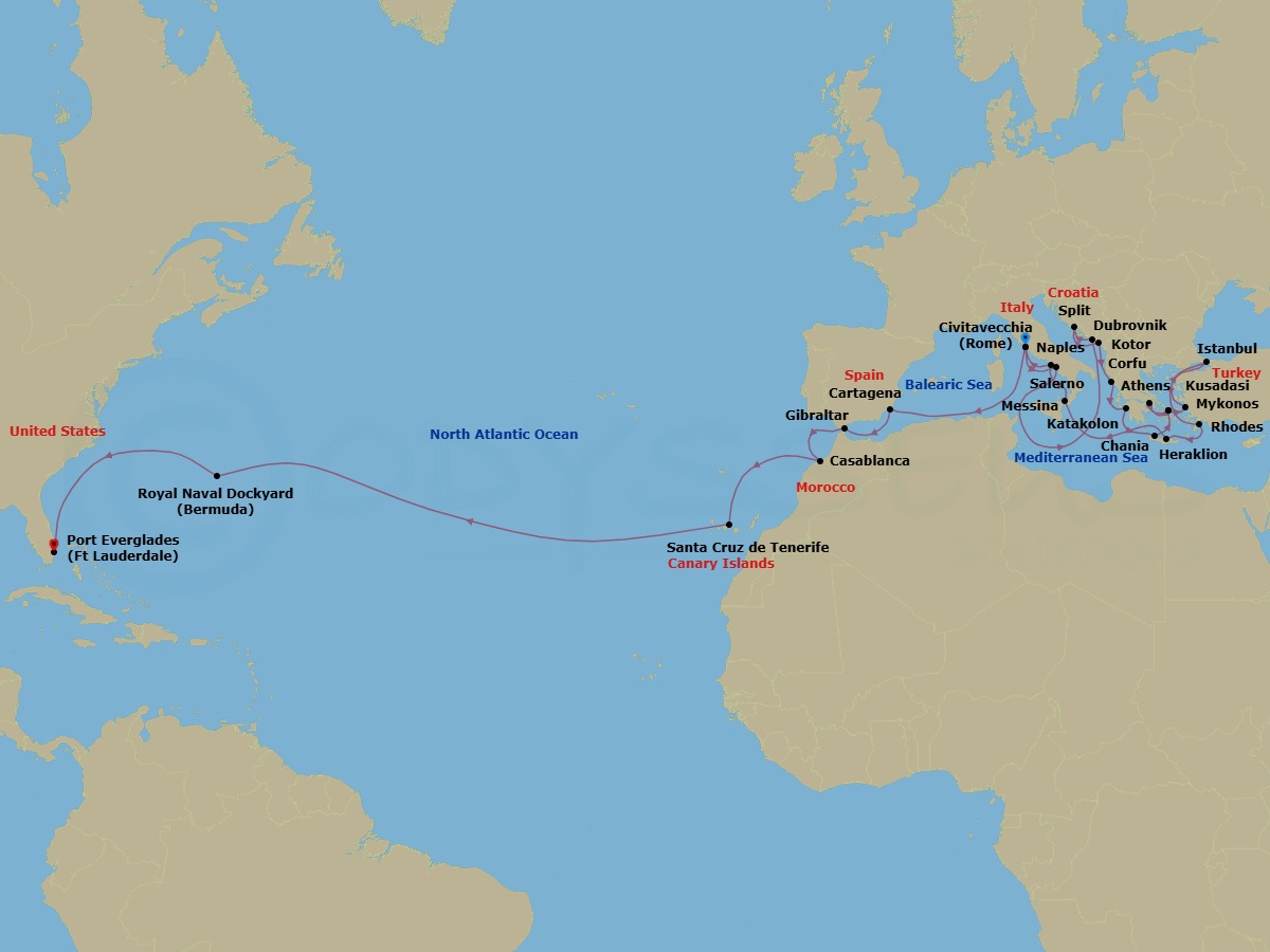 36 Night - Mediterranean, Aegean & Moroccan Grand Adventure - Enchanted Princess - Starting in Civitavecchia (for Rome), Italy, Amalfi Coast (Salerno), Dubrovnik, Croatia, Split, Croatia, Kotor, Montenegro, Corfu, Greece, Katakolon (for Olympia), Greece, Crete (Chania), Greece, Mykonos, Greece, Athens (Piraeus), Greece, Mykonos, Greece, Kusadasi, Turkey (for Ephesus), Istanbul, Turkey, Rhodes, Greece, Crete (Heraklion), Greece, Sicily (Messina), Italy, Stromboli Volcano (Scenic Cruising), Italy, Naples, Italy (for Capri and Pompeii), Civitavecchia (for Rome), Italy, Cartagena ES, Gibraltar, Casablanca, Morocco (for Marrakesh), Santa Cruz de Tenerife, Bermuda, Fort Lauderdale, Florida itinerary map