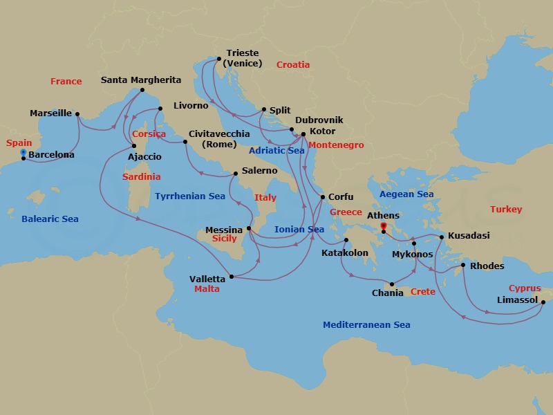 32 Night - The Best of the Mediterranean - Enchanted Princess - Starting in Barcelona, Spain, Marseille (Provence), France, Santa Margherita, Italy, Corsica (Ajaccio), France, Valletta, Malta, Kotor, Montenegro, Corfu, Greece, Sicily (Messina), Italy, Stromboli Volcano (Scenic Cruising), Italy, Amalfi Coast (Salerno), Civitavecchia (for Rome), Italy, Livorno (for Florence / Pisa), Italy, Corsica (Ajaccio), France, Valletta, Malta, Sicily (Messina), Italy, Kotor, Montenegro, Dubrovnik, Croatia, Trieste (for Venice), Italy, Split, Croatia, Kotor, Montenegro, Corfu, Greece, Katakolon (for Olympia), Greece, Crete (Chania), Greece, Mykonos, Greece, Rhodes, Greece, Limassol, Cyprus, Kusadasi, Turkey (for Ephesus), Athens (Piraeus), Greece itinerary map