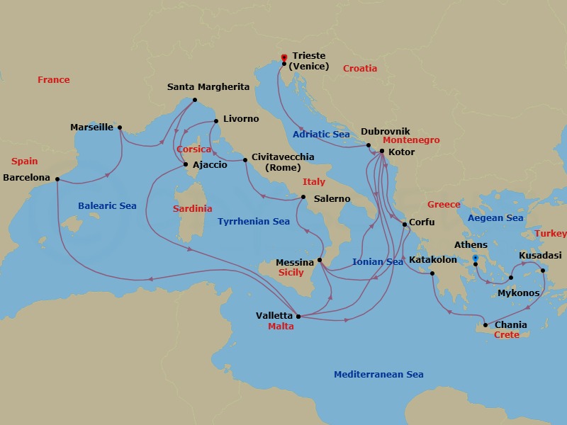31 Night - The Best of the Mediterranean - Enchanted Princess - Starting in Athens (Piraeus), Greece, Mykonos, Greece, Kusadasi, Turkey (for Ephesus), Crete (Chania), Greece, Katakolon (for Olympia), Greece, Corfu, Greece, Kotor, Montenegro, Valletta, Malta, Barcelona, Spain, Marseille (Provence), France, Santa Margherita, Italy, Corsica (Ajaccio), France, Valletta, Malta, Kotor, Montenegro, Corfu, Greece, Sicily (Messina), Italy, Stromboli Volcano (Scenic Cruising), Italy, Amalfi Coast (Salerno), Civitavecchia (for Rome), Italy, Livorno (for Florence / Pisa), Italy, Corsica (Ajaccio), France, Valletta, Malta, Sicily (Messina), Italy, Kotor, Montenegro, Dubrovnik, Croatia, Trieste (for Venice), Italy itinerary map