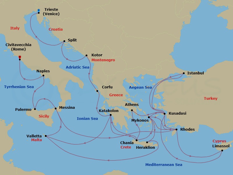 32 Night - The Best of the Mediterranean - Enchanted Princess - Starting in Trieste (for Venice), Italy, Split, Croatia, Kotor, Montenegro, Corfu, Greece, Katakolon (for Olympia), Greece, Crete (Chania), Greece, Mykonos, Greece, Rhodes, Greece, Limassol, Cyprus, Kusadasi, Turkey (for Ephesus), Athens (Piraeus), Greece, Crete (Chania), Greece, Katakolon (for Olympia), Greece, Valletta, Malta, Sicily (Messina), Italy, Rhodes, Greece, Mykonos, Greece, Kusadasi, Turkey (for Ephesus), Istanbul, Turkey, Kusadasi, Turkey (for Ephesus), Rhodes, Greece, Mykonos, Greece, Crete (Heraklion), Greece, Valletta, Malta, Sicily (Messina), Italy, Stromboli Volcano (Scenic Cruising), Italy, Sicily (Palermo), Italy, Naples, Italy (for Capri and Pompeii), Civitavecchia (for Rome), Italy itinerary map