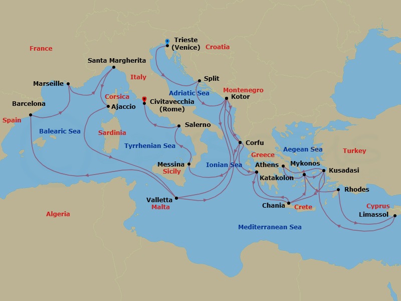 32 Night - The Best of the Mediterranean - Enchanted Princess - Starting in Trieste (for Venice), Italy, Split, Croatia, Kotor, Montenegro, Corfu, Greece, Katakolon (for Olympia), Greece, Crete (Chania), Greece, Mykonos, Greece, Rhodes, Greece, Limassol, Cyprus, Kusadasi, Turkey (for Ephesus), Athens (Piraeus), Greece, Mykonos, Greece, Kusadasi, Turkey (for Ephesus), Crete (Chania), Greece, Katakolon (for Olympia), Greece, Corfu, Greece, Kotor, Montenegro, Valletta, Malta, Barcelona, Spain, Marseille (Provence), France, Santa Margherita, Italy, Corsica (Ajaccio), France, Valletta, Malta, Kotor, Montenegro, Corfu, Greece, Sicily (Messina), Italy, Stromboli Volcano (Scenic Cruising), Italy, Amalfi Coast (Salerno), Civitavecchia (for Rome), Italy itinerary map