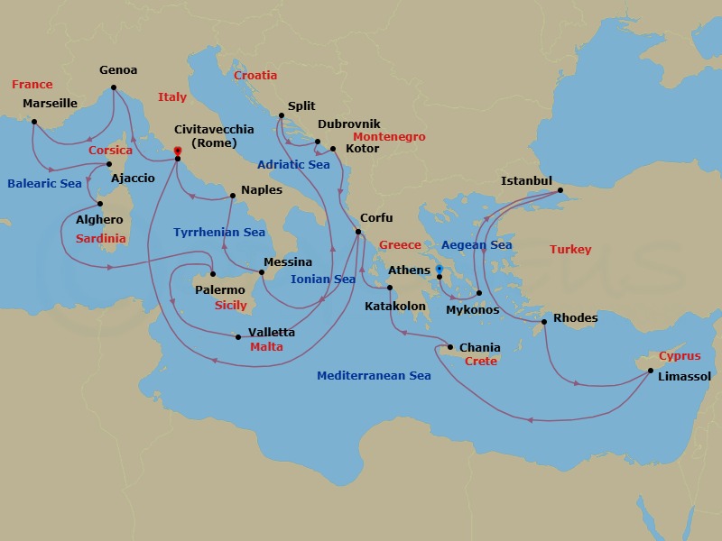 28 Night - The Best of the Mediterranean - Enchanted Princess - Starting in Athens (Piraeus), Greece, Mykonos, Greece, Istanbul, Turkey, Rhodes, Greece, Limassol, Cyprus, Crete (Chania), Greece, Katakolon (for Olympia), Greece, Corfu, Greece, Sicily (Messina), Italy, Stromboli Volcano (Scenic Cruising), Italy, Naples, Italy (for Capri and Pompeii), Civitavecchia (for Rome), Italy, Genoa (for Cinque Terre), Italy, Marseille (Provence), France, Corsica (Ajaccio), France, Sardinia (Alghero), Italy, Sicily (Palermo), Italy, Valletta, Malta, Split, Croatia, Dubrovnik, Croatia, Kotor, Montenegro, Corfu, Greece, Stromboli Volcano (Scenic Cruising), Italy, Civitavecchia (for Rome), Italy itinerary map
