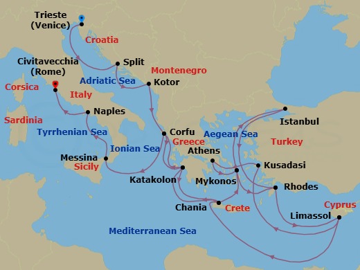 25 Night - The Best of the Mediterranean - Enchanted Princess - Starting in Trieste (for Venice), Italy, Split, Croatia, Kotor, Montenegro, Corfu, Greece, Katakolon (for Olympia), Greece, Crete (Chania), Greece, Mykonos, Greece, Rhodes, Greece, Limassol, Cyprus, Kusadasi, Turkey (for Ephesus), Athens (Piraeus), Greece, Mykonos, Greece, Istanbul, Turkey, Rhodes, Greece, Limassol, Cyprus, Crete (Chania), Greece, Katakolon (for Olympia), Greece, Corfu, Greece, Sicily (Messina), Italy, Stromboli Volcano (Scenic Cruising), Italy, Naples, Italy (for Capri and Pompeii), Civitavecchia (for Rome), Italy itinerary map