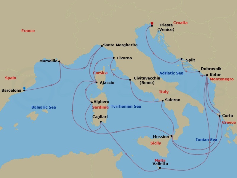 21 Night - The Best of the Mediterranean - Enchanted Princess - Starting in Barcelona, Spain, Marseille (Provence), France, Santa Margherita, Italy, Corsica (Ajaccio), France, Sardinia (Cagliari), Italy, Valletta, Malta, Kotor, Montenegro, Corfu, Greece, Stromboli Volcano (Scenic Cruising), Italy, Amalfi Coast (Salerno), Civitavecchia (for Rome), Italy, Livorno (for Florence / Pisa), Italy, Corsica (Ajaccio), France, Sardinia (Alghero), Italy, Sicily (Messina), Italy, Corfu, Greece, Kotor, Montenegro, Dubrovnik, Croatia, Split, Croatia, Trieste (for Venice), Italy itinerary map