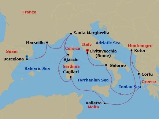 11 Night - Mediterranean with Greek Isles & Italy - Enchanted Princess - Starting in Barcelona, Spain, Marseille (Provence), France, Santa Margherita, Italy, Corsica (Ajaccio), France, Sardinia (Cagliari), Italy, Valletta, Malta, Kotor, Montenegro, Corfu, Greece, Stromboli Volcano (Scenic Cruising), Italy, Amalfi Coast (Salerno), Civitavecchia (for Rome), Italy itinerary map
