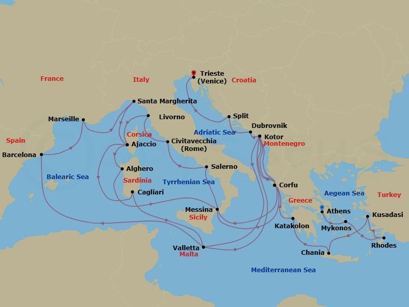 32 Night - The Best of the Mediterranean - Enchanted Princess - Starting in Athens (Piraeus), Greece, Mykonos, Greece, Rhodes, Greece, Kusadasi, Turkey (for Ephesus), Crete (Chania), Greece, Katakolon (for Olympia), Greece, Corfu, Greece, Kotor, Montenegro, Valletta, Malta, Barcelona, Spain, Marseille (Provence), France, Santa Margherita, Italy, Corsica (Ajaccio), France, Sardinia (Cagliari), Italy, Valletta, Malta, Kotor, Montenegro, Corfu, Greece, Stromboli Volcano (Scenic Cruising), Italy, Amalfi Coast (Salerno), Civitavecchia (for Rome), Italy, Livorno (for Florence / Pisa), Italy, Corsica (Ajaccio), France, Sardinia (Alghero), Italy, Sicily (Messina), Italy, Corfu, Greece, Kotor, Montenegro, Dubrovnik, Croatia, Split, Croatia, Trieste (for Venice), Italy itinerary map