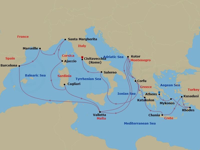 22 Night - The Best of the Mediterranean - Enchanted Princess - Starting in Athens (Piraeus), Greece, Mykonos, Greece, Rhodes, Greece, Kusadasi, Turkey (for Ephesus), Crete (Chania), Greece, Katakolon (for Olympia), Greece, Corfu, Greece, Kotor, Montenegro, Valletta, Malta, Barcelona, Spain, Marseille (Provence), France, Santa Margherita, Italy, Corsica (Ajaccio), France, Sardinia (Cagliari), Italy, Valletta, Malta, Kotor, Montenegro, Corfu, Greece, Stromboli Volcano (Scenic Cruising), Italy, Amalfi Coast (Salerno), Civitavecchia (for Rome), Italy itinerary map