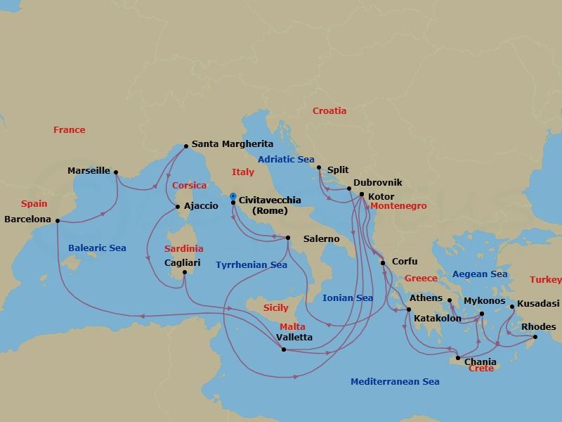 32 Night - The Best of the Mediterranean - Enchanted Princess - Starting in Civitavecchia (for Rome), Italy, Amalfi Coast (Salerno), Dubrovnik, Croatia, Split, Croatia, Kotor, Montenegro, Corfu, Greece, Katakolon (for Olympia), Greece, Crete (Chania), Greece, Mykonos, Greece, Athens (Piraeus), Greece, Mykonos, Greece, Rhodes, Greece, Kusadasi, Turkey (for Ephesus), Crete (Chania), Greece, Katakolon (for Olympia), Greece, Corfu, Greece, Kotor, Montenegro, Valletta, Malta, Barcelona, Spain, Marseille (Provence), France, Santa Margherita, Italy, Corsica (Ajaccio), France, Sardinia (Cagliari), Italy, Valletta, Malta, Kotor, Montenegro, Corfu, Greece, Stromboli Volcano (Scenic Cruising), Italy, Amalfi Coast (Salerno), Civitavecchia (for Rome), Italy itinerary map