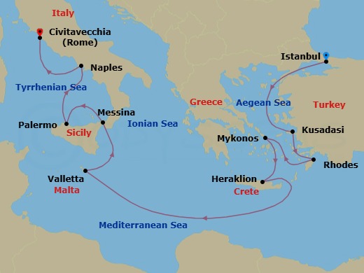 11 Night - Mediterranean with Greek Isles & Turkey - Enchanted Princess - Starting in Istanbul, Turkey, Kusadasi, Turkey (for Ephesus), Rhodes, Greece, Mykonos, Greece, Crete (Heraklion), Greece, Valletta, Malta, Sicily (Messina), Italy, Stromboli Volcano (Scenic Cruising), Italy, Sicily (Palermo), Italy, Naples, Italy (for Capri and Pompeii), Civitavecchia (for Rome), Italy itinerary map