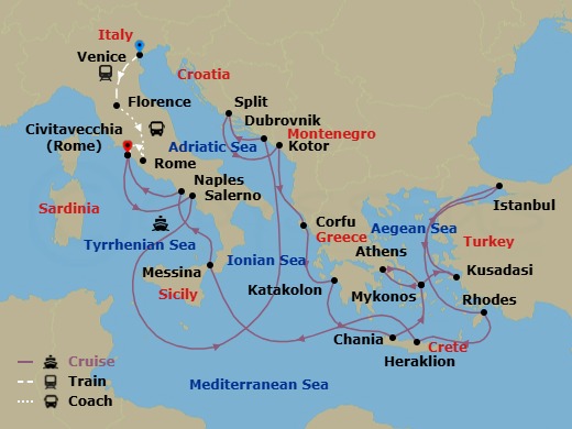 27 Night - Classic Italy - Tour 4C - Enchanted Princess Tours - Starting in Venice, Italy, Florence, Italy, Rome, Italy, Civitavecchia (for Rome), Italy, Amalfi Coast (Salerno), Dubrovnik, Croatia, Split, Croatia, Kotor, Montenegro, Corfu, Greece, Katakolon (for Olympia), Greece, Crete (Chania), Greece, Mykonos, Greece, Athens (Piraeus), Greece, Mykonos, Greece, Kusadasi, Turkey (for Ephesus), Istanbul, Turkey, Rhodes, Greece, Crete (Heraklion), Greece, Sicily (Messina), Italy, Stromboli Volcano (Scenic Cruising), Italy, Naples, Italy (for Capri and Pompeii), Civitavecchia (for Rome), Italy itinerary map