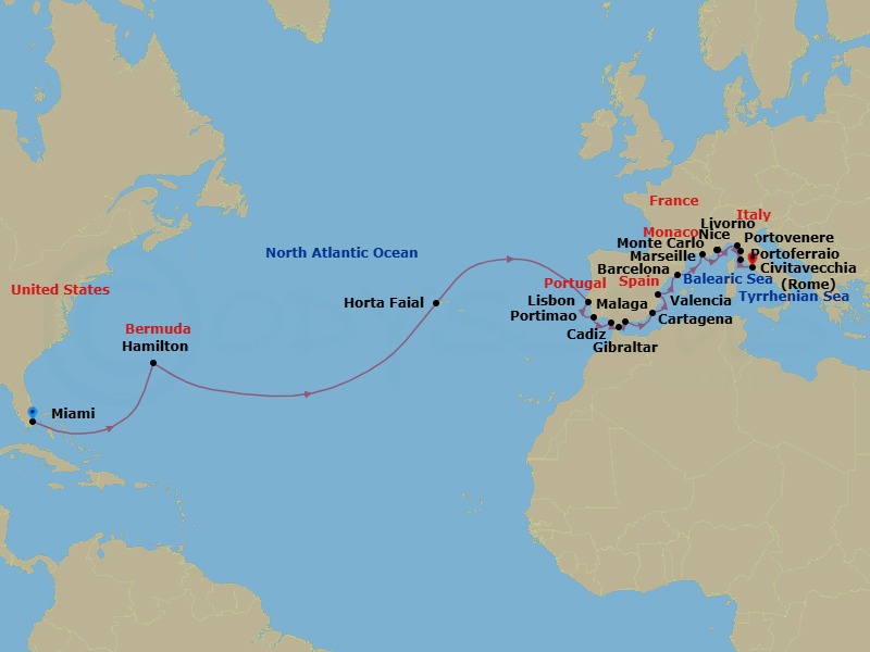 27 Night - Transatlantic Combination Cruise : Miami to Rome - Azamara Quest - Starting in Miami, Florida, Hamilton, Horta, Azores, Lisbon, Portimao, Cadiz, Gibraltar, Malaga, Cartagena ES, Valencia, Barcelona, Provence (Marseille), Monte Carlo, Nice, Porto Venere, Florence / Pisa (Livorno), Portoferraio (Elba), Rome (Civitavecchia) itinerary map
