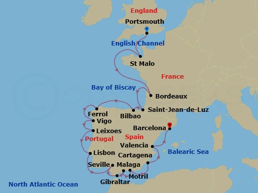 20 Night - France, Portugal & Spain Combination Cruise : Bordeaux, Lisbon & Seville - Azamara Journey - Starting in Portsmouth UK, Saint-malo, Bordeaux, St Jean De Luz, Bilbao, Ferrol, Vigo, Porto (Leixoes), Lisbon, Seville, Gibraltar, Malaga, Granada (Motril), Cartagena ES, Valencia, Barcelona itinerary map