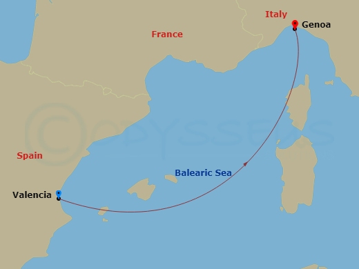 2 Night - Mediterranean - MSC Sinfonia - Starting in Valencia, Spain, Genoa (Portofino), Italy itinerary map