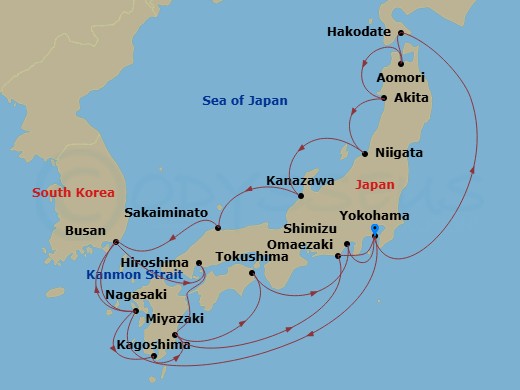 23 Night - Grand Circle Japan with Fall Foliage - Diamond Princess - Starting in Tokyo (Yokohama), Japan, Nagasaki, Japan, Busan, South Korea, Kanmon Straits, Japan, Hiroshima, Japan, Miyazaki (Aburatsu), Japan, Tokushima, Japan, Shimizu (for Mount Fuji), Japan, Tokyo (Yokohama), Japan, Hakodate, Japan, Aomori, Japan, Akita, Japan, Niigata, Japan, Kanazawa, Japan, Sakaiminato, Japan, Busan, South Korea, Nagasaki, Japan, Kagoshima, Japan, Miyazaki (Aburatsu), Japan, Omaezaki, Japan, Tokyo (Yokohama), Japan itinerary map