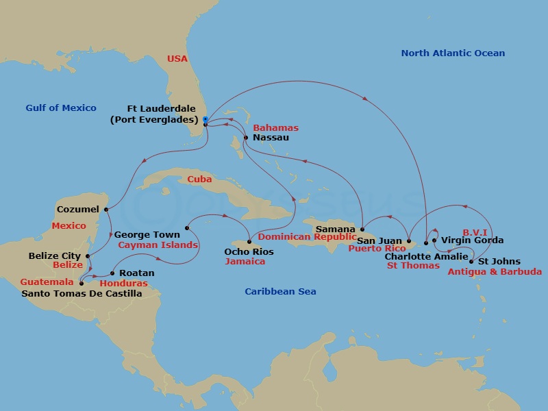 21 Night - The Americas & Caribbean - Crystal Symphony - Starting in Fort Lauderdale, St Thomas, Virgin Gorda, St Johns, San Juan, Samana, Nassau (Paradise Island), Fort Lauderdale, Cozumel, Quintana Roo, Belize City, Santo Tomas, Roatan Island, George Town (Grand Cayman), Ocho Rios, Jamaica, Nassau (Paradise Island), Fort Lauderdale itinerary map
