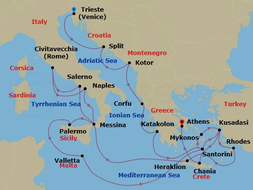 21 Night - The Best of the Mediterranean - Enchanted Princess - Starting in Trieste (for Venice), Italy, Split, Croatia, Kotor, Montenegro, Corfu, Greece, Katakolon (for Olympia), Greece, Santorini, Greece, Kusadasi, Turkey (for Ephesus), Rhodes, Greece, Crete (Chania), Greece, Stromboli Volcano (Scenic Cruising), Italy, Naples, Italy (for Capri and Pompeii), Civitavecchia (for Rome), Italy, Amalfi Coast (Salerno), Sicily (Messina), Italy, Stromboli Volcano (Scenic Cruising), Italy, Sicily (Palermo), Italy, Valletta, Malta, Santorini, Greece, Mykonos, Greece, Kusadasi, Turkey (for Ephesus), Crete (Heraklion), Greece, Athens (Piraeus), Greece itinerary map
