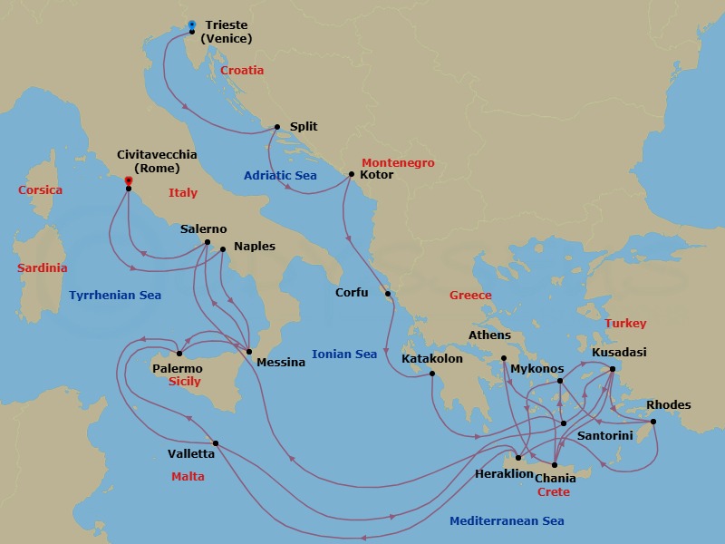 32 Night - The Best of the Mediterranean - Enchanted Princess - Starting in Trieste (for Venice), Italy, Split, Croatia, Kotor, Montenegro, Corfu, Greece, Katakolon (for Olympia), Greece, Santorini, Greece, Kusadasi, Turkey (for Ephesus), Rhodes, Greece, Crete (Chania), Greece, Stromboli Volcano (Scenic Cruising), Italy, Naples, Italy (for Capri and Pompeii), Civitavecchia (for Rome), Italy, Amalfi Coast (Salerno), Sicily (Messina), Italy, Stromboli Volcano (Scenic Cruising), Italy, Sicily (Palermo), Italy, Valletta, Malta, Santorini, Greece, Mykonos, Greece, Kusadasi, Turkey (for Ephesus), Crete (Heraklion), Greece, Athens (Piraeus), Greece, Crete (Heraklion), Greece, Kusadasi, Turkey (for Ephesus), Rhodes, Greece, Mykonos, Greece, Crete (Chania), Greece, Valletta, Malta, Sicily (Palermo), Italy, Sicily (Messina), Italy, Naples, Italy (for Capri and Pompeii), Civitavecchia (for Rome), Italy itinerary map