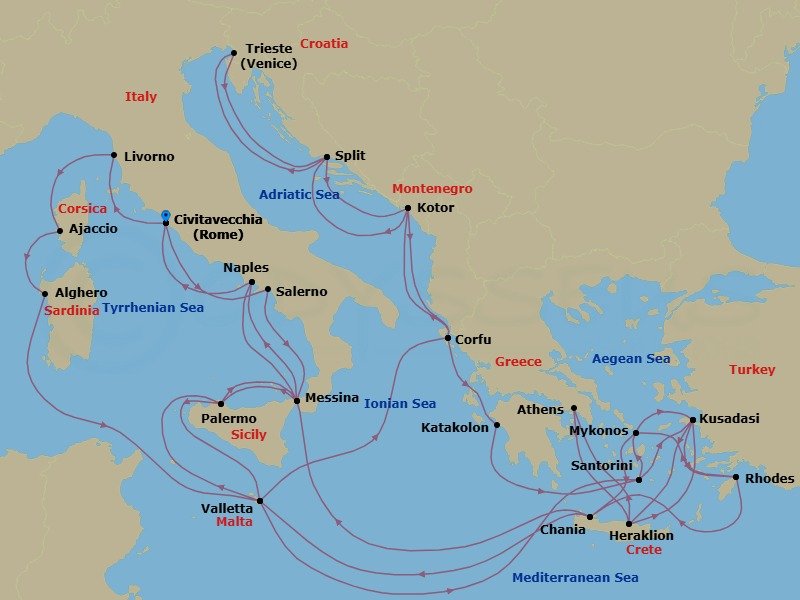 42 Night - The Best of the Mediterranean - Enchanted Princess - Starting in Civitavecchia (for Rome), Italy, Livorno (for Florence / Pisa), Italy, Corsica (Ajaccio), France, Sardinia (Alghero), Italy, Valletta, Malta, Corfu, Greece, Kotor, Montenegro, Split, Croatia, Trieste (for Venice), Italy, Split, Croatia, Kotor, Montenegro, Corfu, Greece, Katakolon (for Olympia), Greece, Santorini, Greece, Kusadasi, Turkey (for Ephesus), Rhodes, Greece, Crete (Chania), Greece, Stromboli Volcano (Scenic Cruising), Italy, Naples, Italy (for Capri and Pompeii), Civitavecchia (for Rome), Italy, Amalfi Coast (Salerno), Sicily (Messina), Italy, Stromboli Volcano (Scenic Cruising), Italy, Sicily (Palermo), Italy, Valletta, Malta, Santorini, Greece, Mykonos, Greece, Kusadasi, Turkey (for Ephesus), Crete (Heraklion), Greece, Athens (Piraeus), Greece, Crete (Heraklion), Greece, Kusadasi, Turkey (for Ephesus), Rhodes, Greece, Mykonos, Greece, Crete (Chania), Greece, Valletta, Malta, Sicily (Palermo), Italy, Sicily (Messina), Italy, Naples, Italy (for Capri and Pompeii), Civitavecchia (for Rome), Italy itinerary map