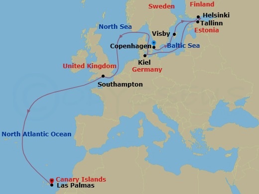 13 Night - Canary Islands and Madeira - MSC Euribia - Starting in Copenhagen, Denmark, Visby, Sweden, Helsinki, Finland, Tallinn, Estonia, Kiel, Germany, Southampton (London), United Kingdom, Las Palmas de Gran Canaria (Canary Islands), Spain itinerary map