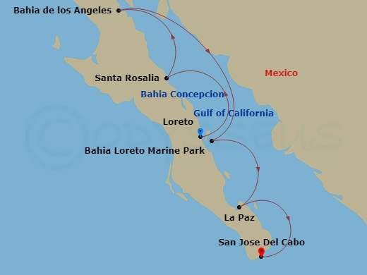 10 Night - Baja California Discovery : Exploring Mexico's Gulf of California - National Geographic Venture - Starting in Loreto, Mexico / Embark Ship, Bahia Concepcion, Santa Rosalia / Cruising, Bahia de los Angeles, Midriff Islands / Bahia Loreto Marine Park, Southern Gulf Islands, La Paz / Disembark Ship / San Jose del Cabo itinerary map