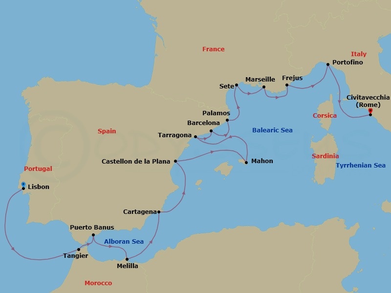 16 Night - Andalusian Gems, French & Italian Yacht Harbors - Seabourn Ovation - Starting in Lisbon, Portugal, Tangier, Morocco, Puerto Banus, Spain, Melilla, Spanish Morocco, Spain, Cartagena ES, Castellon de la Plana, Spain, Mahon, Menorca, Spain, Tarragona, Spain, Barcelona, Spain, Palamos, Spain, Sete, France, La Joliette (Marseille), France, Frejus, France, Portofino, Italy, Civitavecchia (Rome), Italy itinerary map