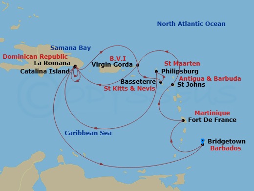 14 Night - South Caribbean - MSC Opera - Starting in Bridgetown, Barbados, Fort-de-France, Martinique, St Johns AG, Antigua, Virgin Gorda, British Virgin Islands, La Romana, Dominican Republic, Samana Bay, Dominican Republic, Virgin Gorda, British Virgin Islands, Basseterre, St Kitts and Nevis, Philipsburg, St Maarten, Catalina Island, Dominican Republic, La Romana, Dominican Republic, Catalina Island, Dominican Republic, Bridgetown, Barbados itinerary map