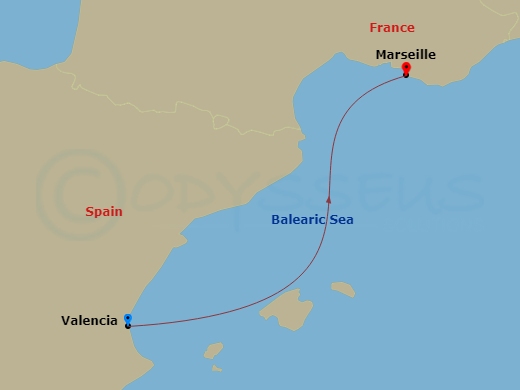1 Night - Mediterranean - MSC Musica - Starting in Valencia, Spain, Marseille (Provence), France itinerary map