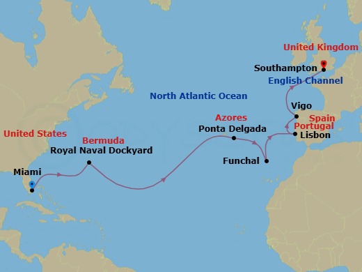 15 Night - Spain & Azores Transatlantic - Freedom of the Seas - Starting in Miami, Florida, Royal Naval Dockyard, Bermuda, Ponta Delgada, Azores, Madeira (Funchal), Portugal, Lisbon, Portugal, Vigo, Spain, Southampton, England itinerary map