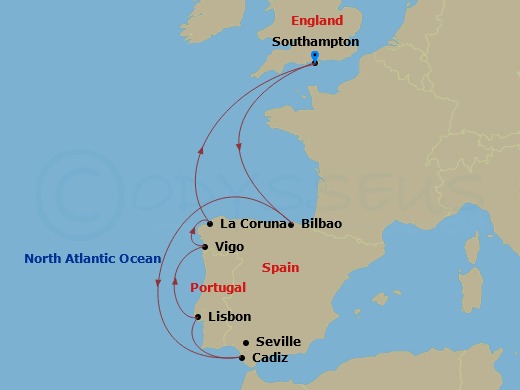 9 Night - Spanish Flair Cruise - Freedom of the Seas - Starting in Southampton, England, Bilbao, Seville (Cadiz), Spain, Lisbon, Portugal, Vigo, Spain, La Coruna, Spain, Southampton, England itinerary map