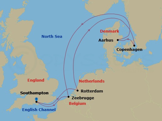 7 Night - Northern City Escapes Cruise - Freedom of the Seas - Starting in Southampton, England, Rotterdam, Netherlands, Copenhagen, Denmark, Aarhus, Denmark, Bruges, (Zeebrugge), Belgium, Southampton, England itinerary map