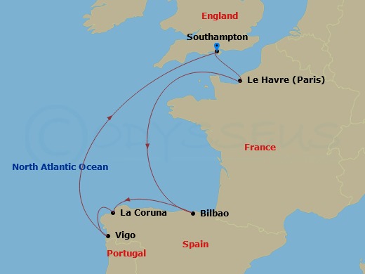 7 Night - Spain & France Cruise - Freedom of the Seas - Starting in Southampton, England, Paris (Le Havre), France, Bilbao, La Coruna, Spain, Vigo, Spain, Southampton, England itinerary map