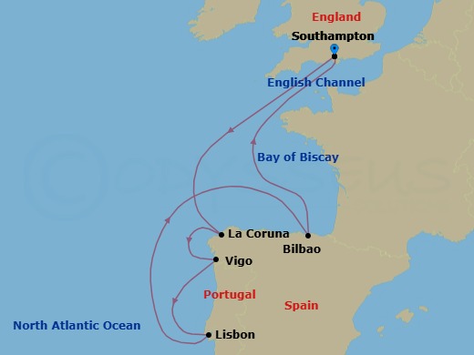 8 Night - Spanish Flair Cruise - Freedom of the Seas - Starting in Southampton, England, La Coruna, Spain, Vigo, Spain, Lisbon, Portugal, Bilbao, Southampton, England itinerary map
