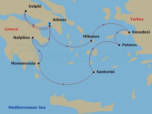 10 Night - Delphi & Meteora : Grecian Treasures Cruise Tour - Wind Surf Tours - Starting in Njv Athens Plaza Hotel or Similar, Kalambaka, Divani Meteora Hotel, Kalambaka, Piraeus, Athens, Njv Athens Plaza Hotel or Similar, Piraeus, Athens, Mykonos, Kusadasi, Patmos, Santorini, Monemvasia, Nafplio, Piraeus, Athens itinerary map
