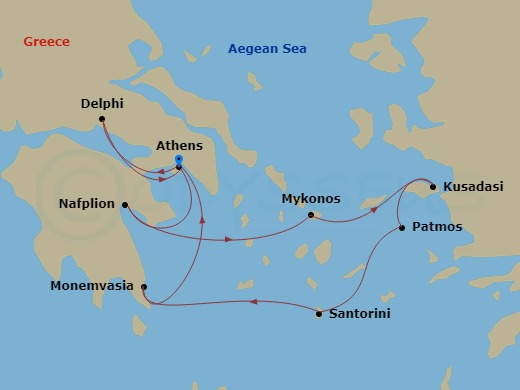 10 Night - Delphi & Meteora : Grecian Treasures Cruise Tour - Wind Surf Tours - Starting in Njv Athens Plaza Hotel or Similar, Kalambaka, Divani Meteora Hotel, Kalambaka, Piraeus, Athens, Njv Athens Plaza Hotel or Similar, Piraeus, Athens, Nafplio, Mykonos, Kusadasi, Patmos, Santorini, Monemvasia, Piraeus, Athens itinerary map