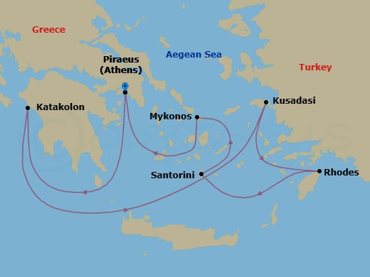 7 Night - Best of the Greek Isles Cruise - Rhapsody of the Seas - Starting in Athens (Piraeus), Greece, Olympia (Katakolon), Greece, Ephesus (Kusadasi), Turkey, Rhodes, Greece, Santorini, Greece, Mykonos, Greece, Athens (Piraeus), Greece itinerary map